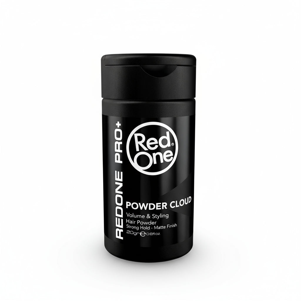 Black container of RedOne Powder Cloud hair product on a white background